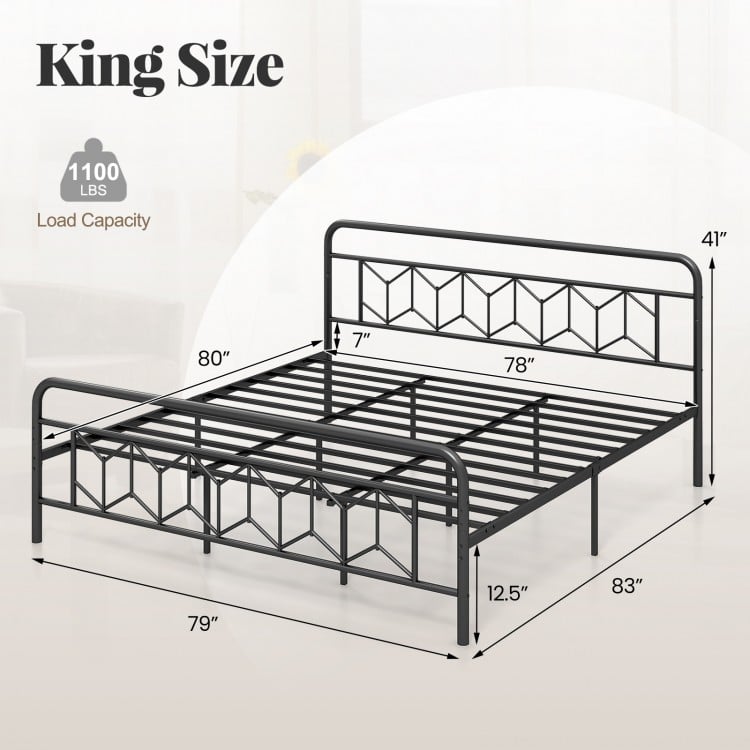 King size platform bed with high headboard, metal slats, and modern graphic design for stable sleeping and storage.
