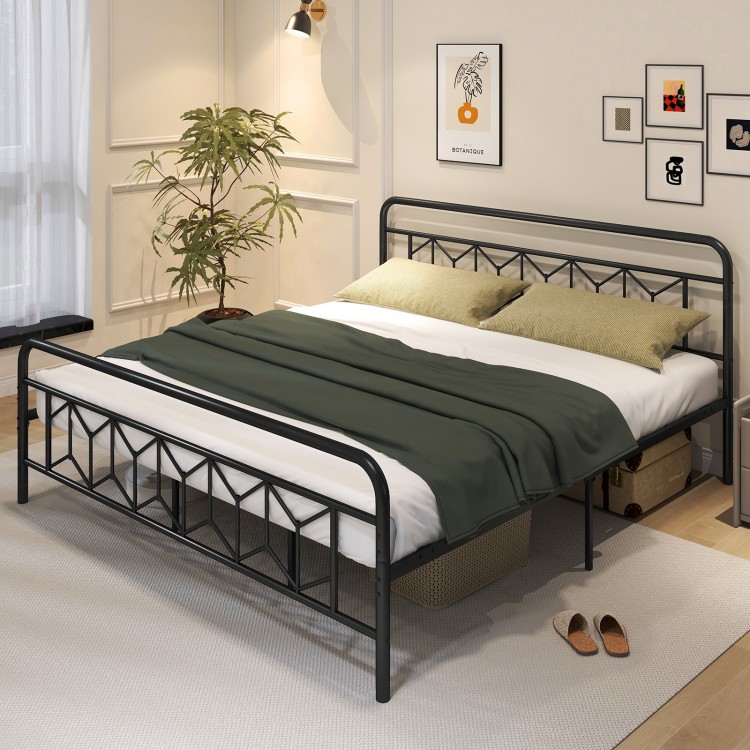 King size platform bed with high headboard, featuring metal slats and spacious storage underneath for modern bedrooms.