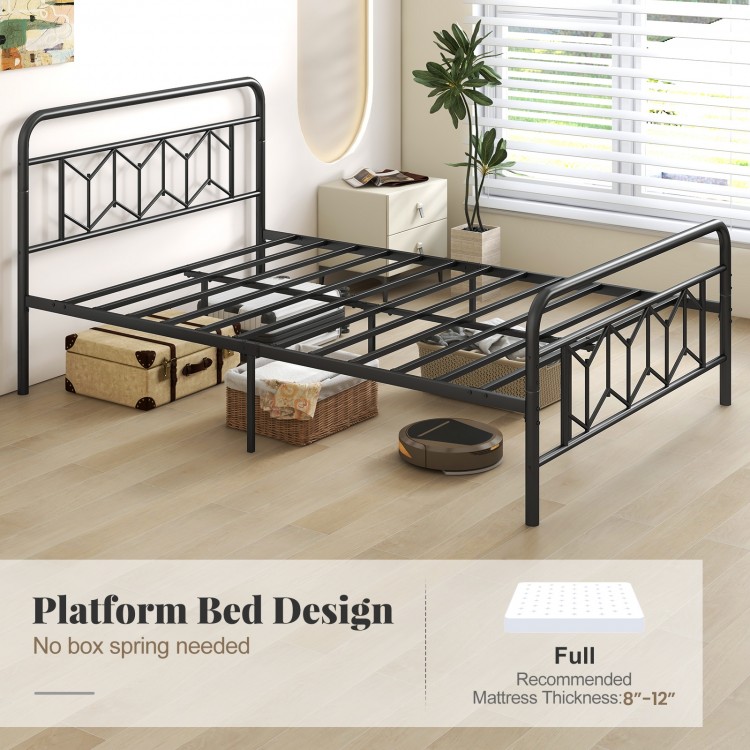 Full size platform bed with high headboard, metal slats, and modern design, perfect for stable sleeping and storage.