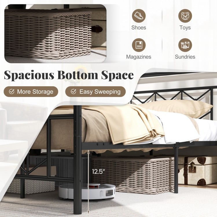 Spacious bottom storage area of the King Size platform bed with robust metal frame for easy sweeping and organization.