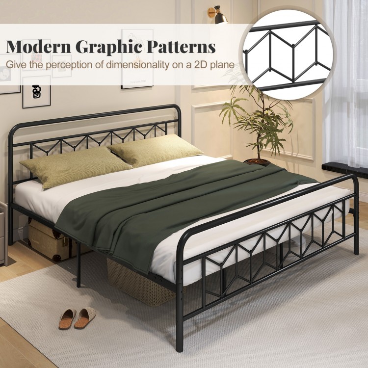 King size platform bed with high headboard, robust metal frame, and modern graphic patterns for stylish storage.