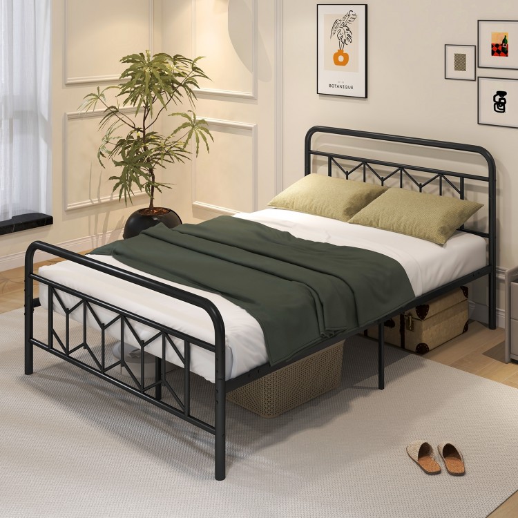 Full-size platform bed with high headboard, metal slats, and modern design, ideal for stable sleeping and storage.