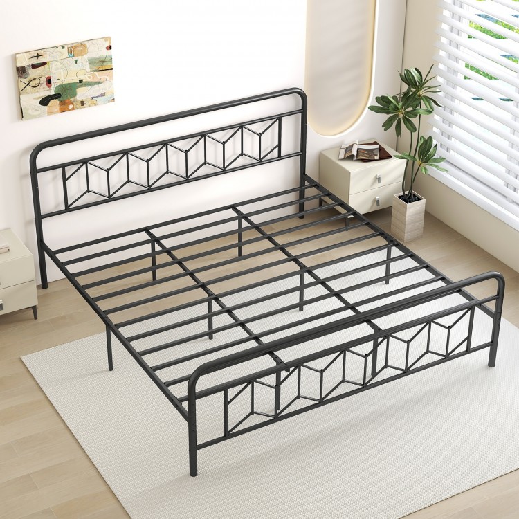 King size platform bed with high headboard, metal slats, and modern geometric design for stable sleeping and storage.