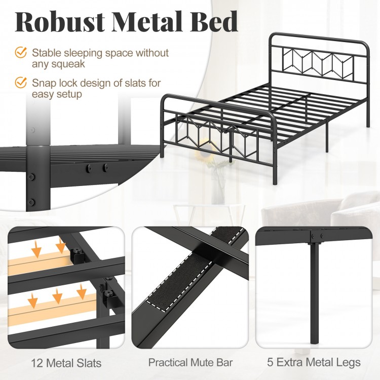 Full-size platform bed with high headboard, robust metal slats, and 5 extra legs for enhanced stability and storage.