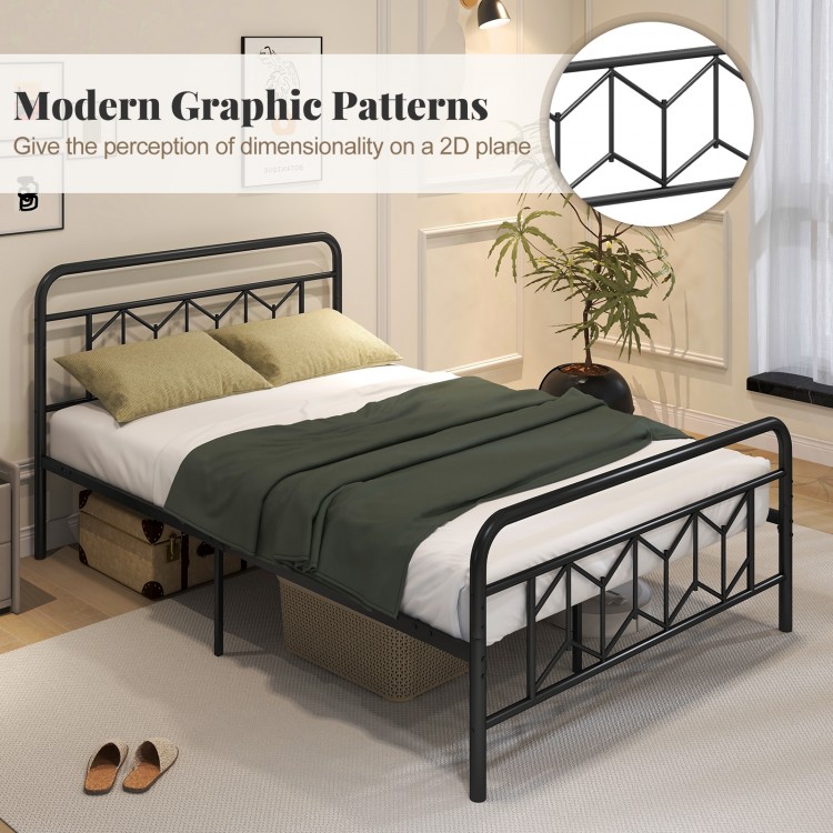 Full-size platform bed with high headboard, metal slats, and modern graphic patterns for a stylish bedroom look.