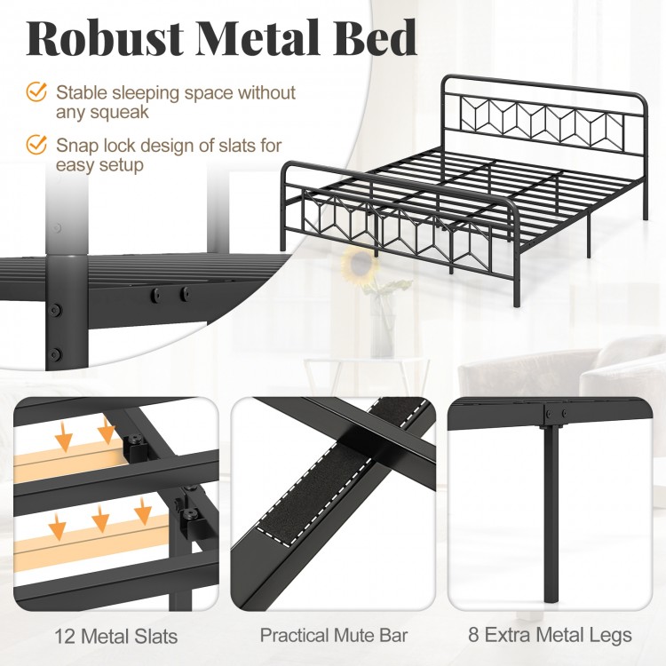 King size platform bed featuring a high headboard, snap lock metal slats, and 12 metal slats for stability.