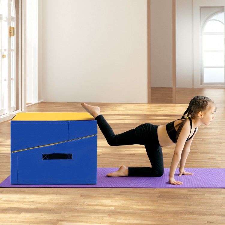 Folding incline gymnastics mat in yellow and blue, featuring high-density EPE foam for comfort and shock absorption.