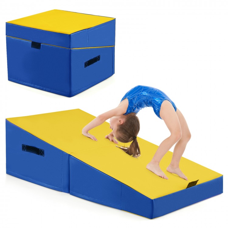Folding incline gymnastics mat in yellow and blue, made with EPE foam for comfort, ideal for tumbling and stretching.