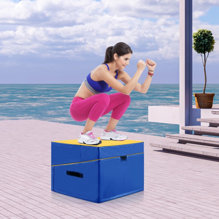 Folding incline gymnastics mat in blue and yellow, featuring high-density EPE foam for comfort and shock absorption.