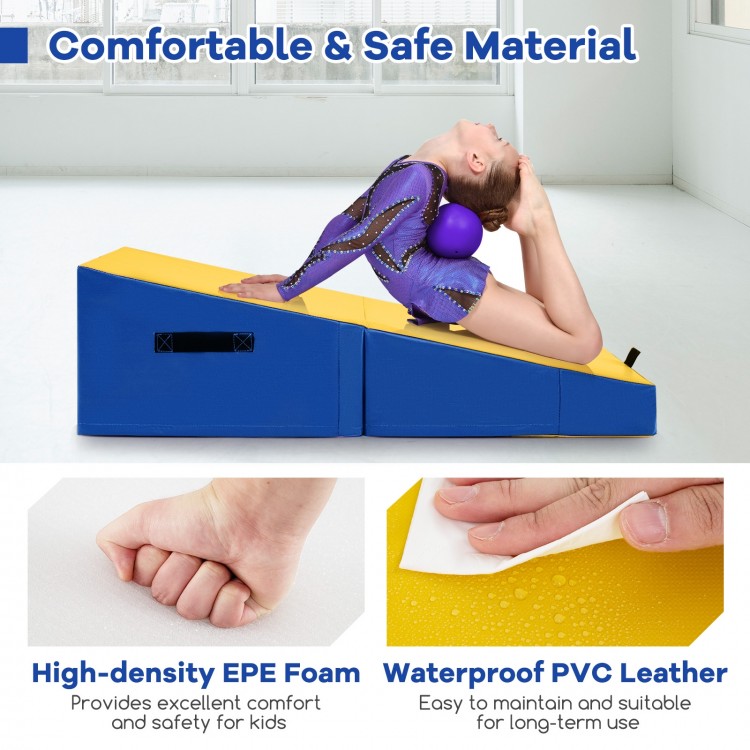 Folding incline gymnastics mat in yellow with high-density EPE foam, ideal for tumbling and stretching exercises.