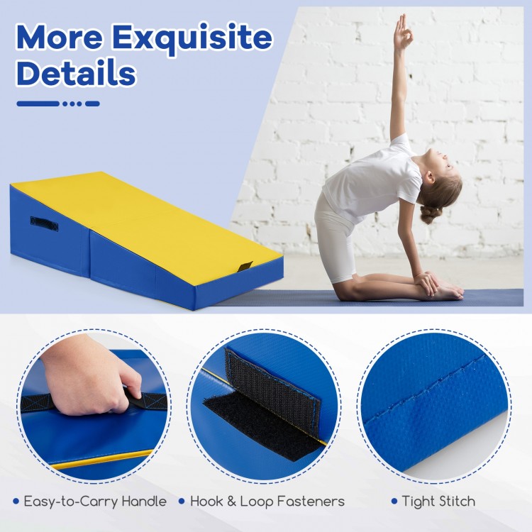 Folding incline gymnastics mat in yellow with ergonomic design, EPE foam, and easy-to-carry handle for versatile.