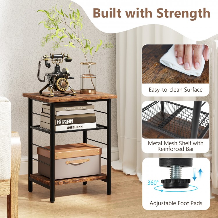 3-tier end table in rustic brown with metal frame, adjustable shelves, and easy-to-clean surface for versatile storage.