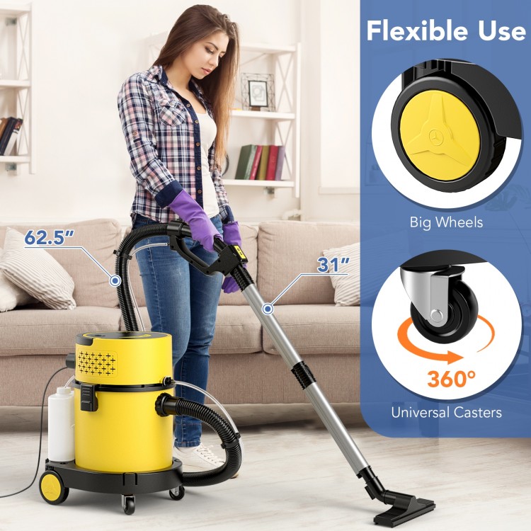 4-in-1 portable wet dry vacuum cleaner in yellow with adjustable suction, big wheels, and universal casters for easy.