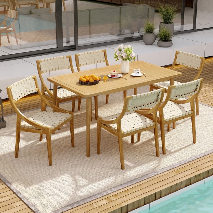 Outdoor dining chair set featuring solid teak wood and webbing seats, perfect for stylish indoor or outdoor use.