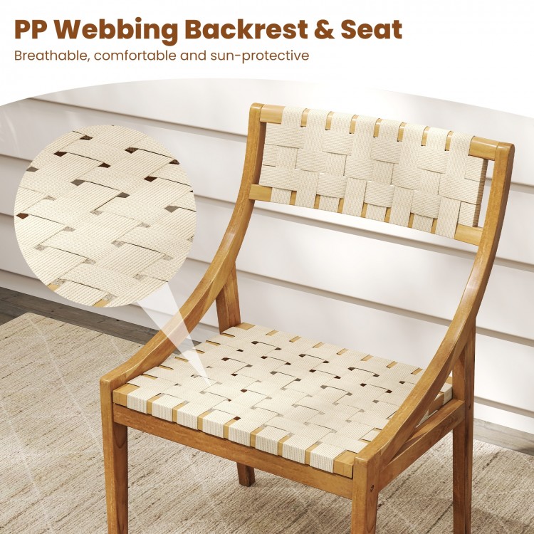 Outdoor dining chair with natural teak wood frame and breathable webbing seat, perfect for indoor and outdoor use.