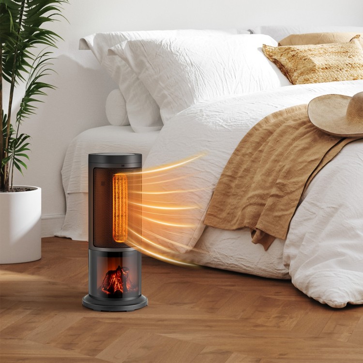 Portable 17-inch black tower space heater with 135° oscillation, 1500W power, and adjustable thermostat for cozy warmth.