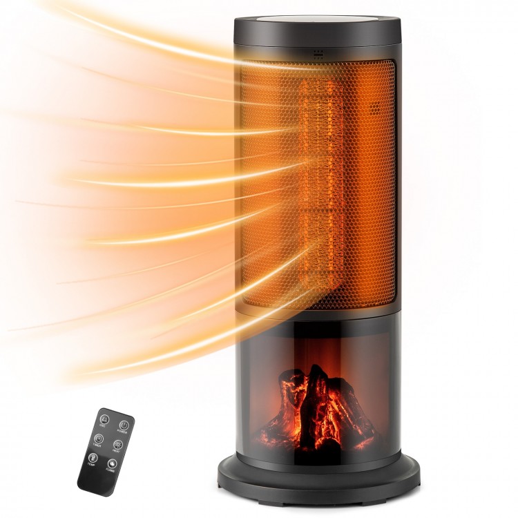 Portable 17-inch black tower space heater with 135° oscillation, adjustable thermostat, and 3D flame effect for cozy.
