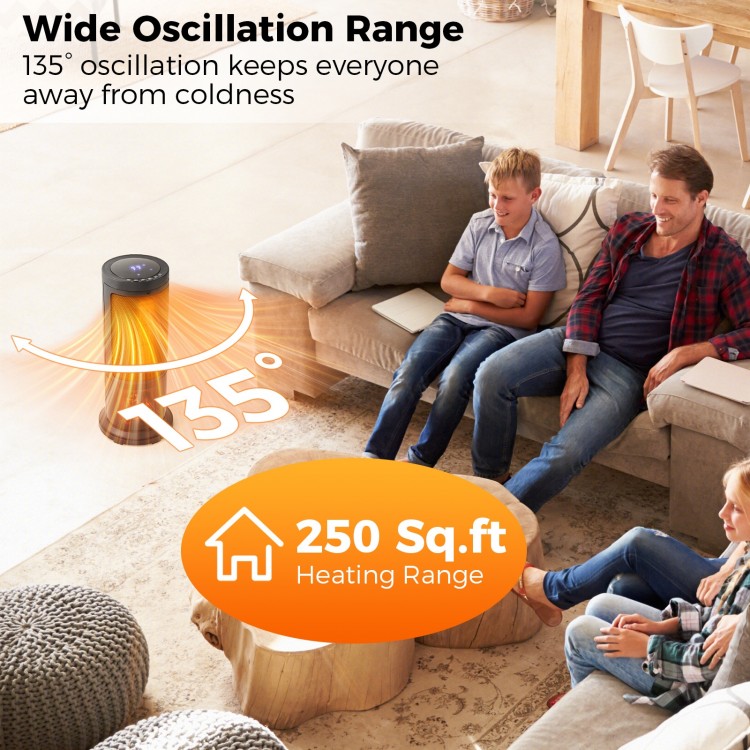Portable 17-inch black tower space heater with 135° oscillation and 250 sq.ft heating range for cozy warmth.
