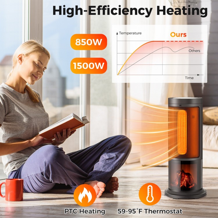 17-inch black portable tower space heater with 135° oscillation, 1500W power, and adjustable thermostat for efficient.