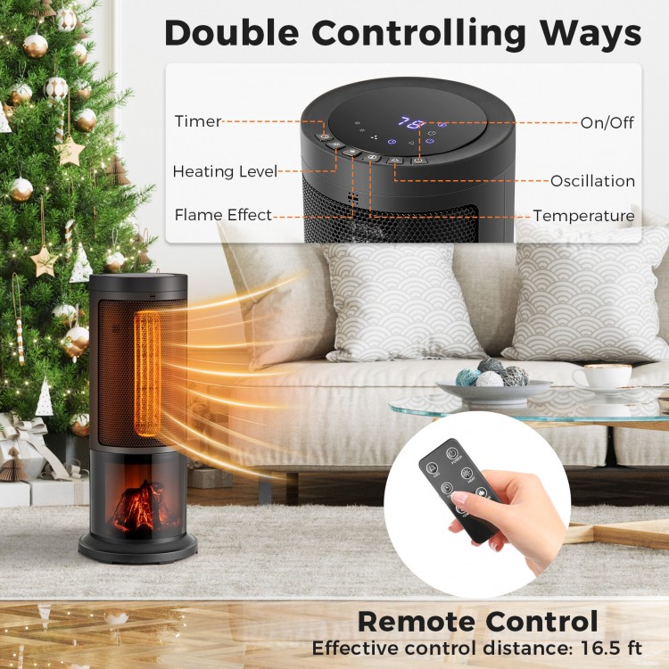 Portable 17-inch black tower space heater with 135° oscillation, remote control, and adjustable thermostat for cozy.