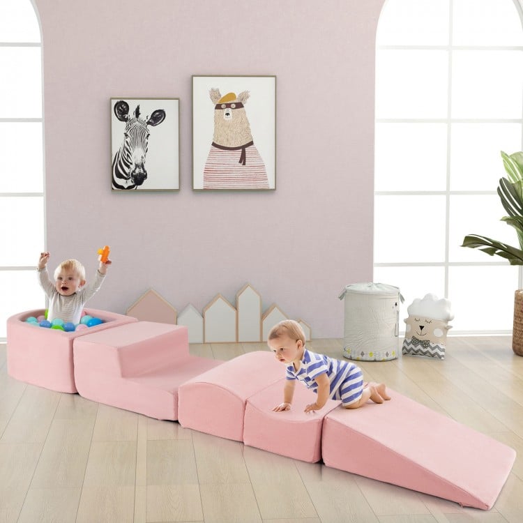 5-piece pink climb and crawl playset with slide, step, and ball pit, designed for kids' imaginative play and physical.