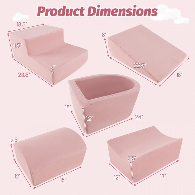 5-piece pink climb and crawl playset dimensions, including slide, step, half-moon, and concave shapes for kids' play.