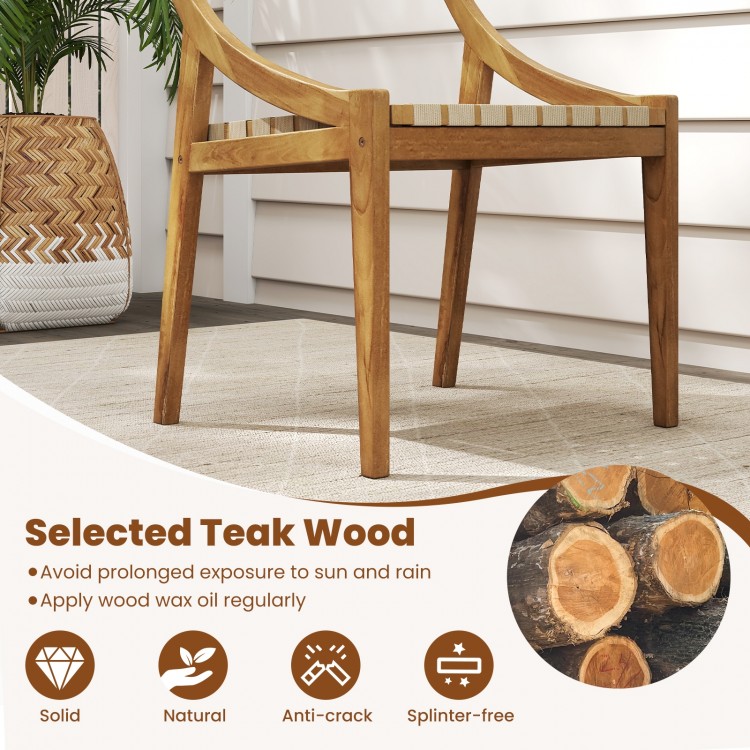 Natural teak wood outdoor dining chair with webbing seat, designed for comfort and durability, suitable for indoor and.