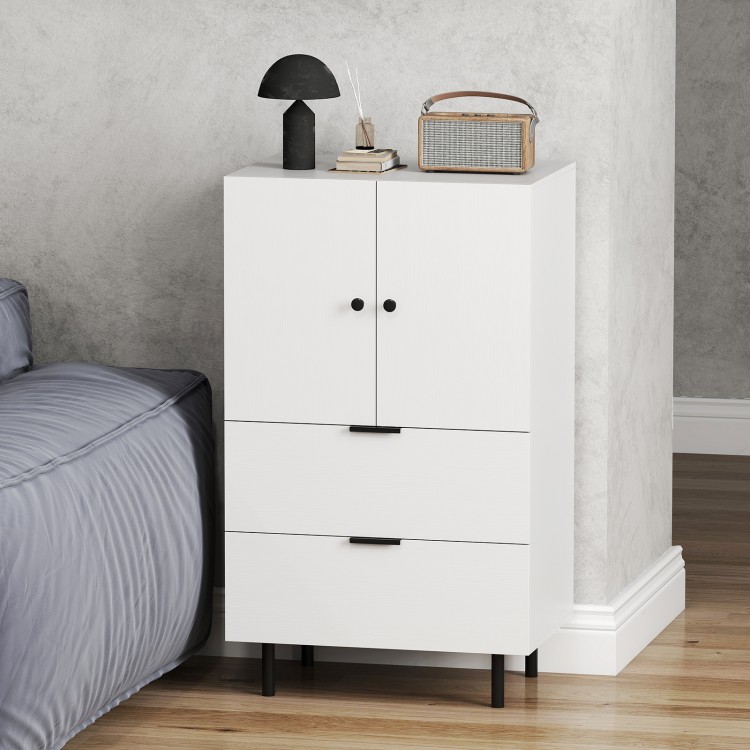 White sideboard buffet cabinet with 2 doors and drawers, ideal for dining supplies storage in living or dining room.