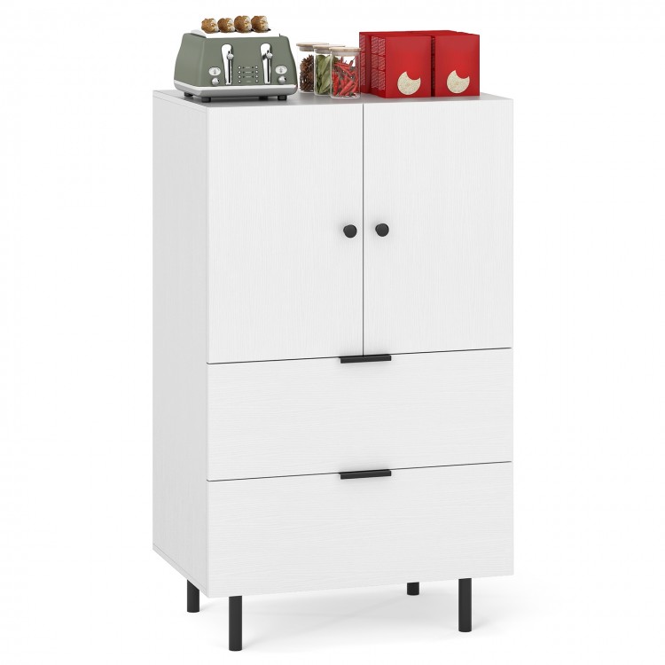 White sideboard buffet cabinet with 2 doors and 2 drawers, ideal for kitchen or dining room storage and organization.