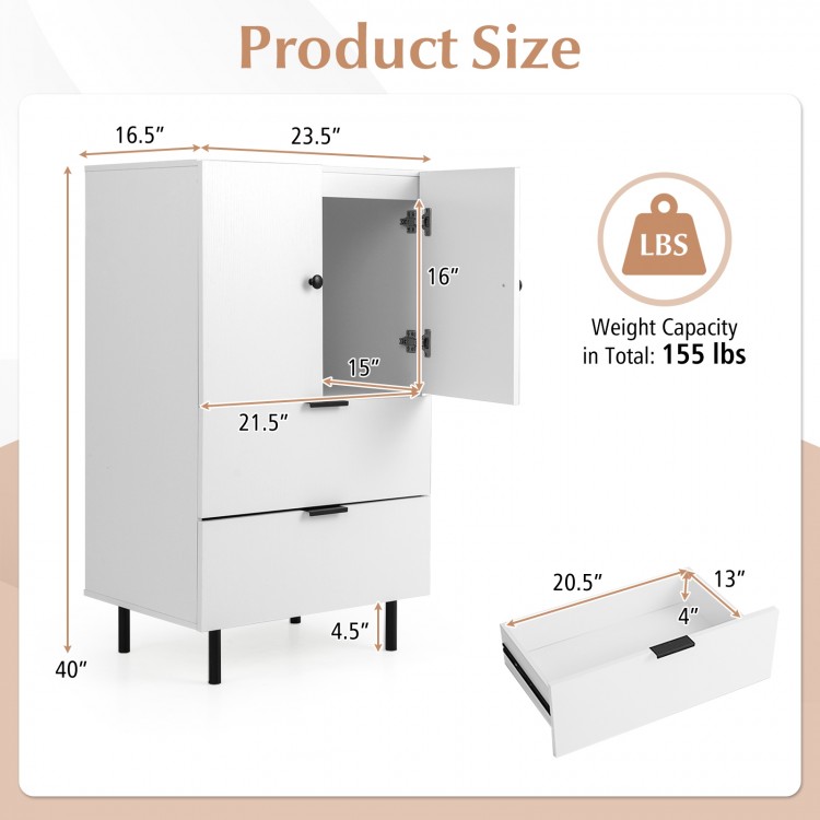 White sideboard buffet cabinet with two doors and drawers, featuring sturdy metal legs and anti-toppling kits for.