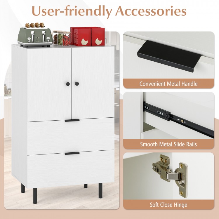 Sideboard buffet cabinet in white with two doors and drawers, featuring metal slide rails and soft close hinges for.