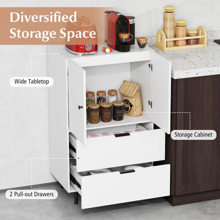 White sideboard buffet cabinet with 2 doors and 2 pull-out drawers, ideal for kitchen or dining room storage.