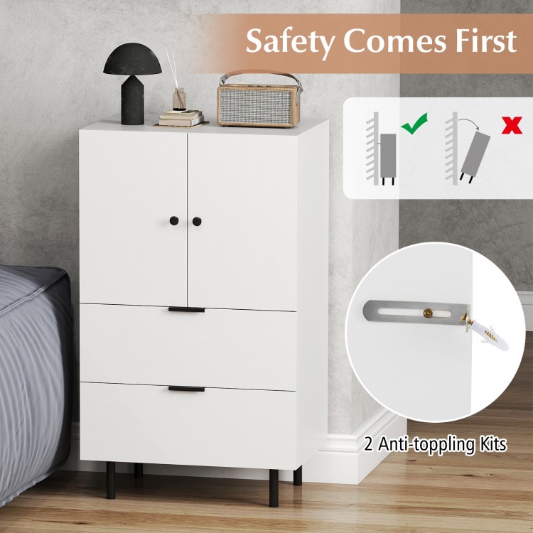 White sideboard buffet cabinet with 2 doors and drawers, featuring anti-toppling kits for stability in living or dining.