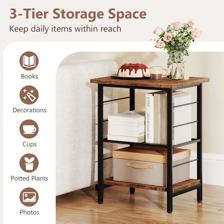 3-tier end table in rustic brown with metal frame, featuring adjustable shelves for versatile storage in any room.