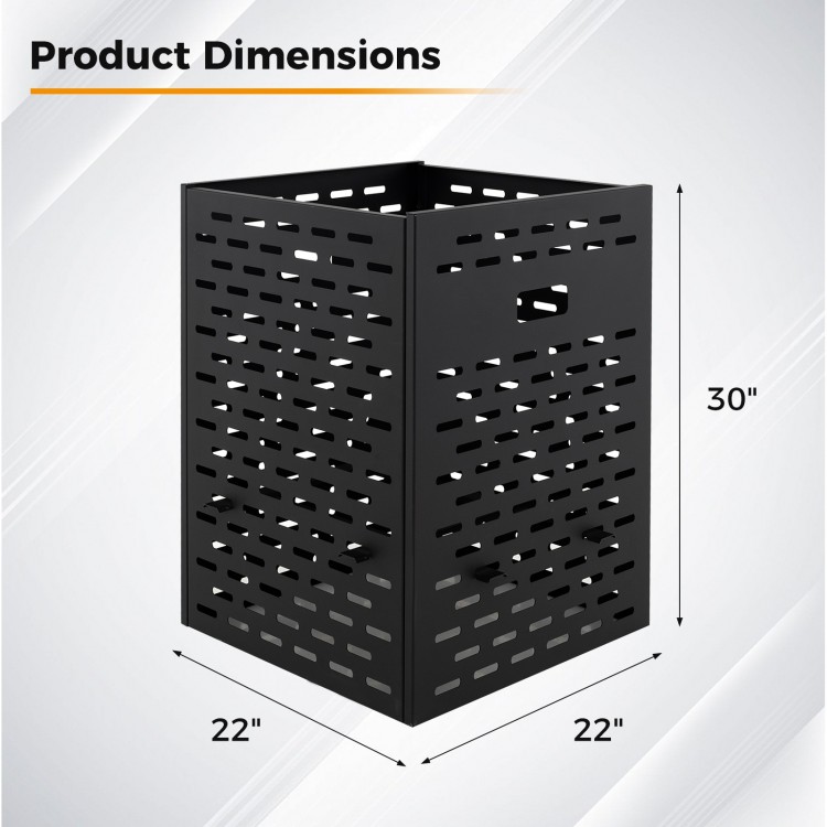 30-inch black burn barrel with venting patterns, 63-gallon capacity, designed for efficient yard waste disposal.