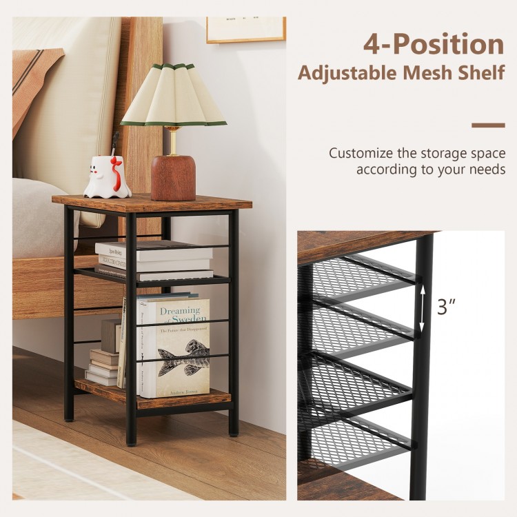 3-tier end table with adjustable mesh shelves in rustic brown, perfect for bedside storage and space-saving design.