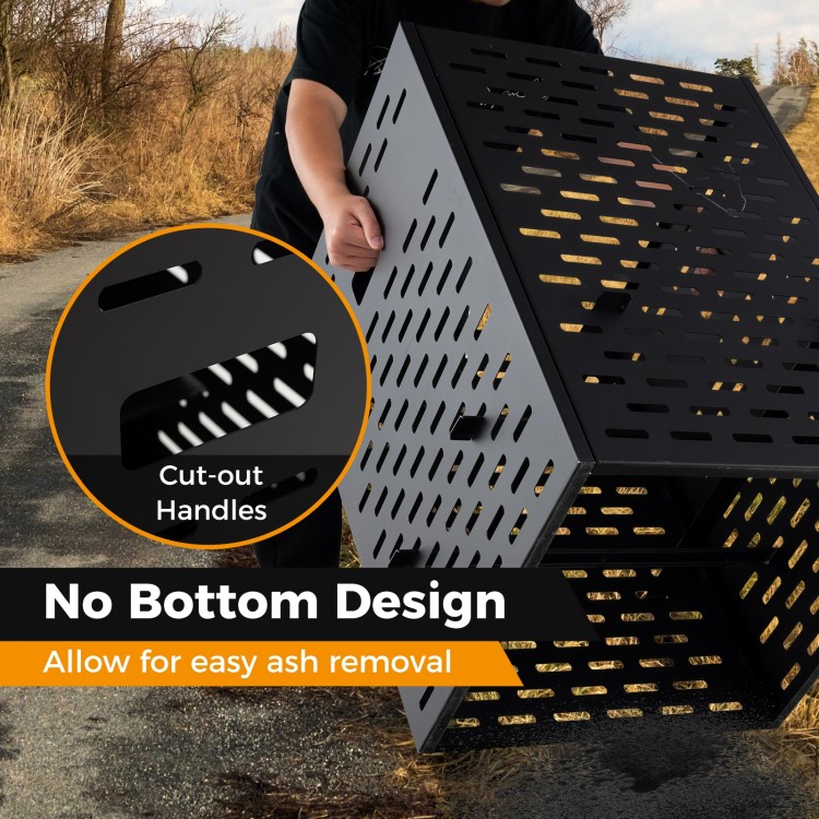 30-inch burn barrel with venting patterns, cut-out handles, and no bottom design for easy ash removal and yard waste.