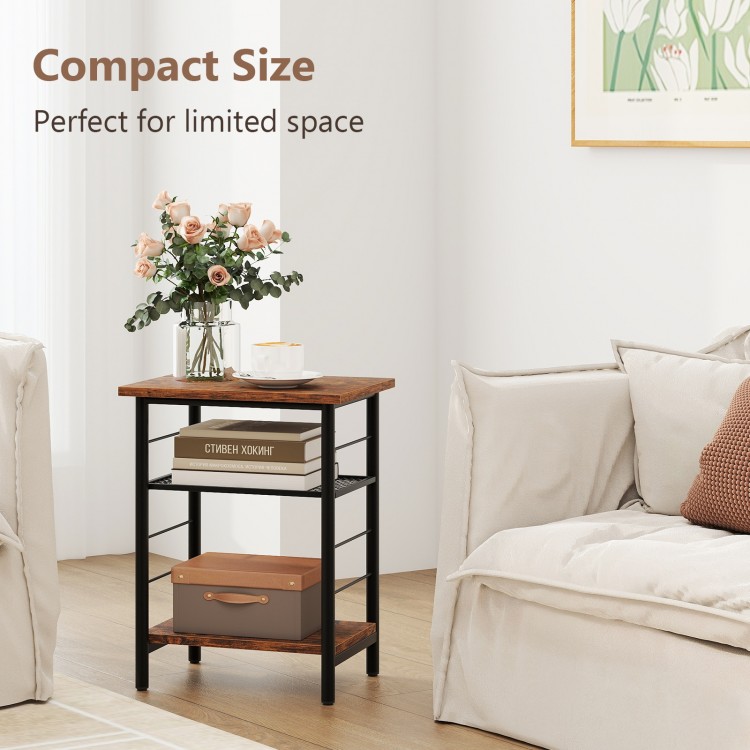 Compact 3-tier end table in rustic brown with metal frame, perfect for limited space and versatile storage solutions.