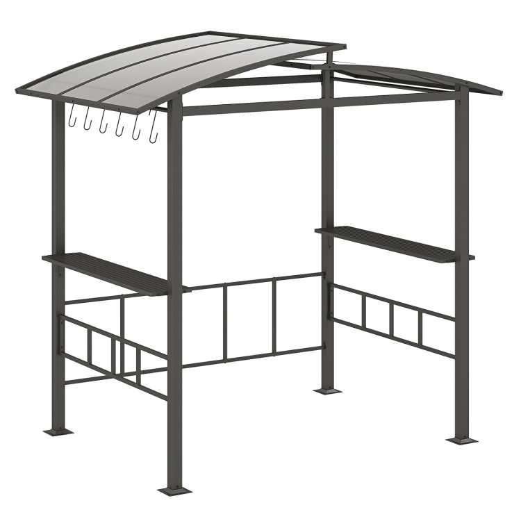 Hardtop grill gazebo with vented polycarbonate roof and side shelves, designed for outdoor cooking and prep.