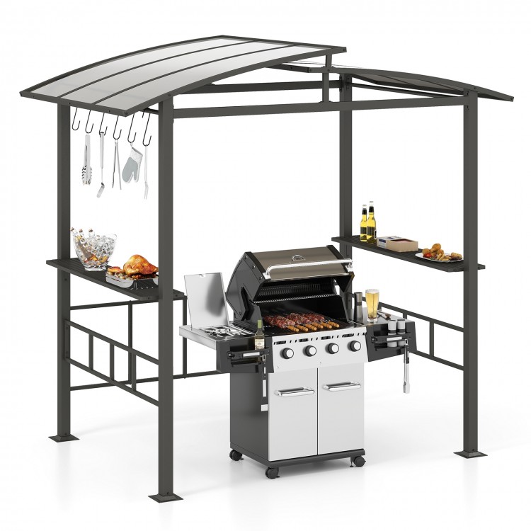 Hardtop grill gazebo with vented polycarbonate roof and side shelves, ideal for outdoor cooking and ingredient prep.