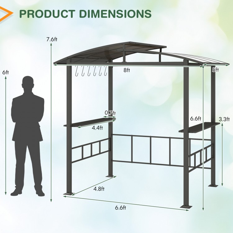 Hardtop grill gazebo dimensions with a vented polycarbonate roof and side shelves, ideal for outdoor cooking setups.