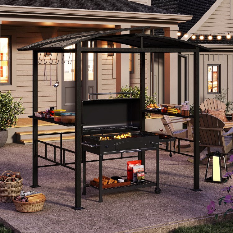 Hardtop grill gazebo showcasing a premium polycarbonate roof, designed for ventilation and outdoor cooking convenience.