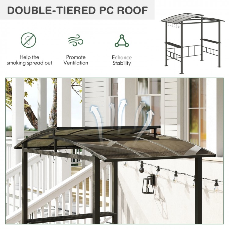 Double-tiered polycarbonate roof of the hardtop grill gazebo enhances ventilation and stability for outdoor cooking.
