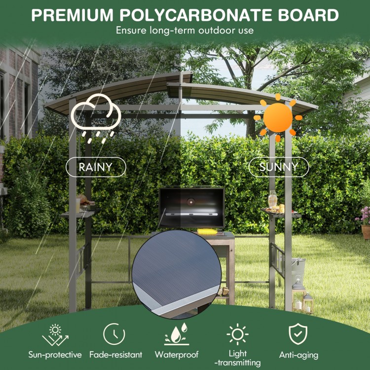 Hardtop grill gazebo with vented polycarbonate roof and side shelves, designed for weather resistance and outdoor.