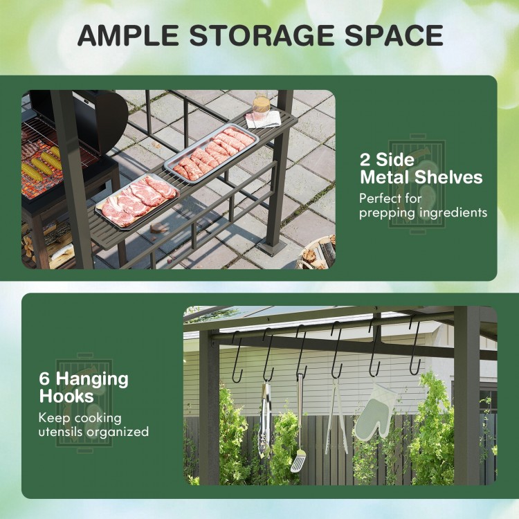 Hardtop grill gazebo with vented polycarbonate roof, featuring 2 side metal shelves and 6 hanging hooks for.