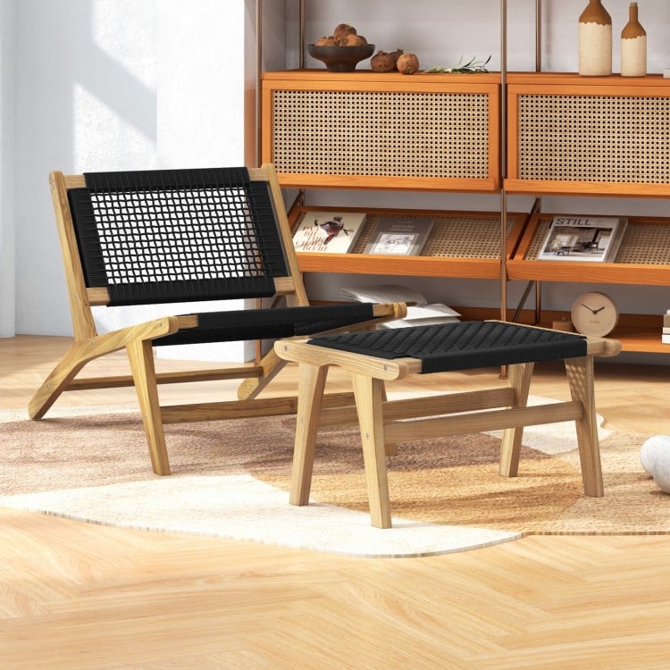 Mid Century Modern accent chair and ottoman made from Indonesian teak with handwoven cordage, perfect for indoor or.