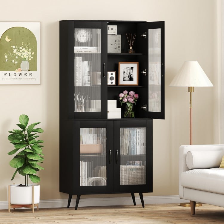 Tall black kitchen pantry cabinet with 4 transparent doors, adjustable shelves, and sturdy metal legs for modern.