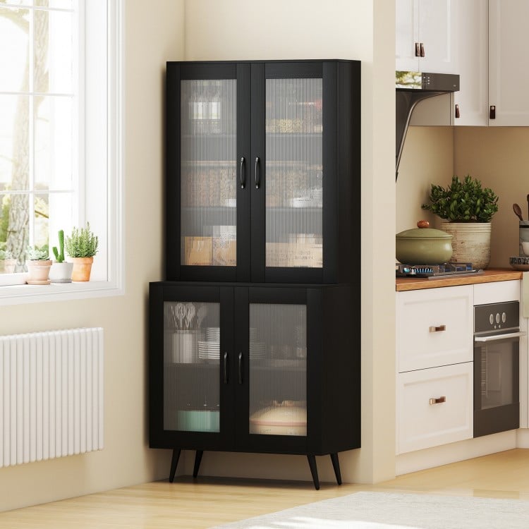 Tall black kitchen pantry cabinet with four transparent doors, adjustable shelves, and stable metal legs for organized.