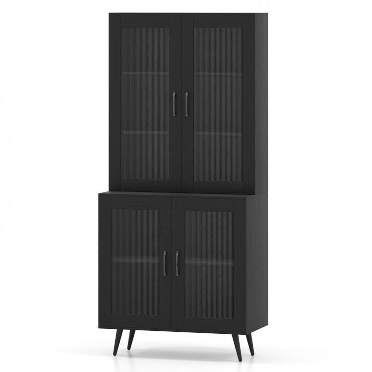 Tall black kitchen pantry cabinet with 4 transparent doors and adjustable shelves for organized storage in modern.