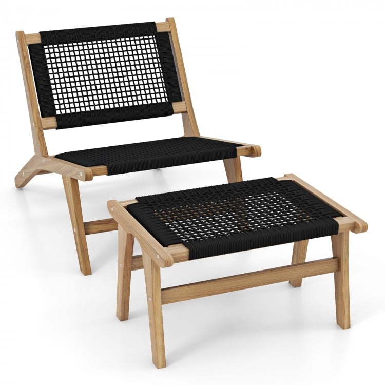 Mid Century Modern accent chair and ottoman set made from Indonesian teak with handwoven cordage for indoor and outdoor.